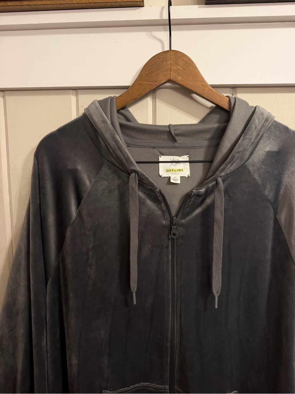aerie Charcoal Gray Velour Zip-Up Hooded Sweatshirt, Size Large, NWOT - Picture 4 of 8